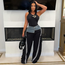 LD2258欧美女装时尚牛仔拼接橡筋腰头拉条宽松直筒裤