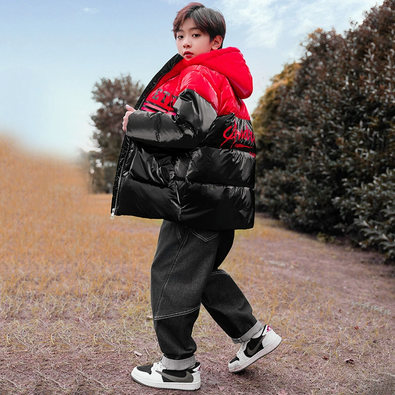 Children's down jacket, long flower boy costume, warm jeans, uniform, mid-length, Korean style, children's clothing, for teenagers
