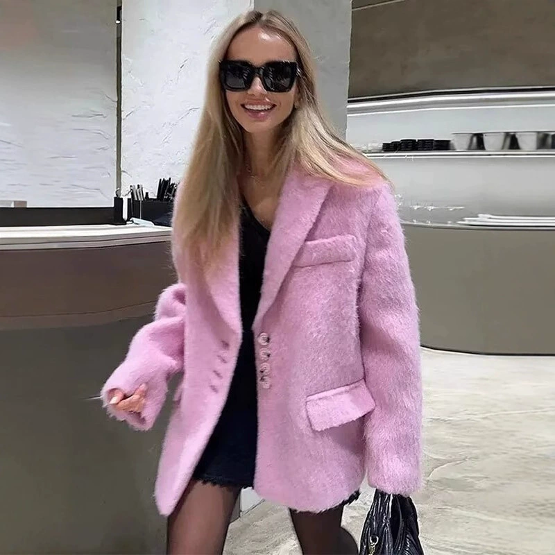 Женский элегантный пальто-костюм из шерсти с отложным воротником, свободного кроя, на весну-осень 2025 года, с длинными рукавами, однобортное, для трансграничной торговли.