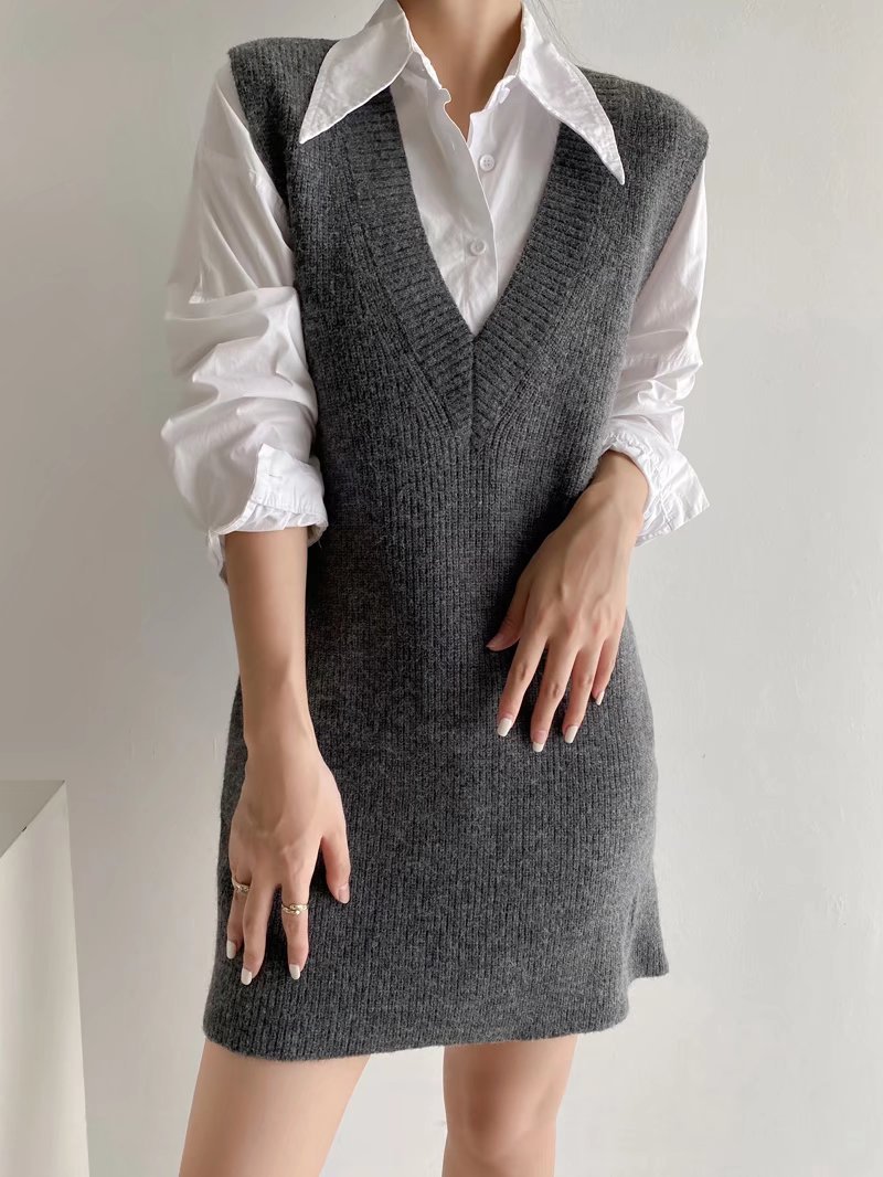 deep V solid color knitted vest dress nihaostyles wholesale clothing NSAM85364