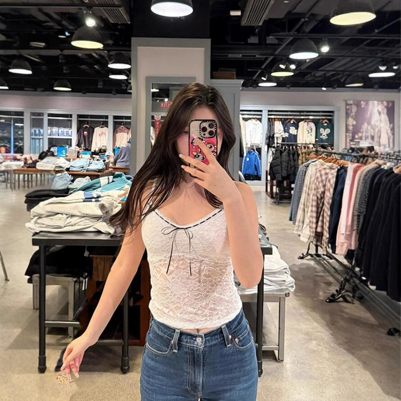 BM Style New V-neck Bow Tie-up Lace Camisole Women's Bm Solid Color Slim All-match Top