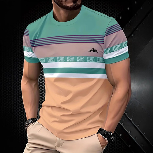 Summer High-Quality Striped Short-Sleeve T-Shirt for Men, European and American Fashion, Casual Style, 3D Printed Crew Neck Short Sleeve
