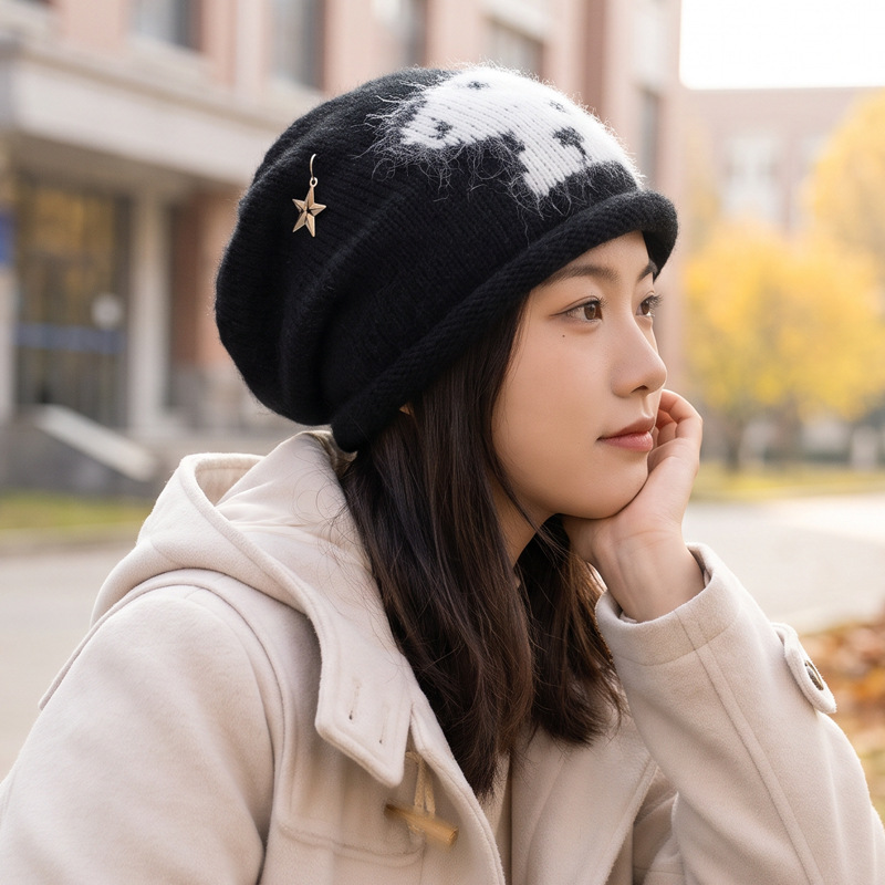 秋冬季卷檐防风加厚帽子女款百搭保暖针织帽显脸小小狗提花毛线帽
