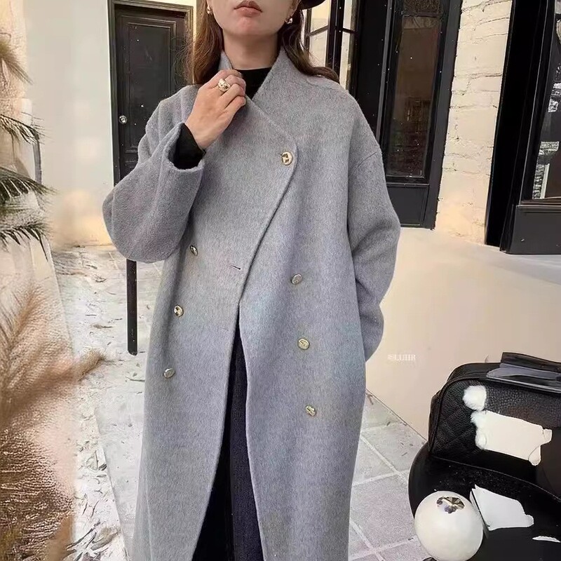 Autumn and Winter Stand-Up Collar Double-Breasted Asymmetrical Long Loose Cashmere Outwear Women's High-End Outwear Elegant K-Style