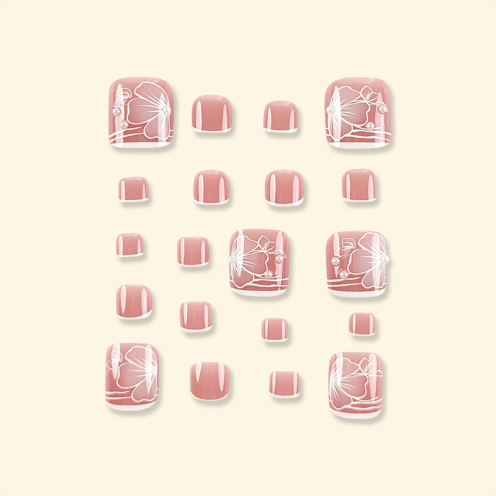 Transfronterizos europeos y estadounidenses usan perlas blancas flores francesas usan uñas de pie desmontables piezas de uñas de pie productos terminados al por mayor image 4
