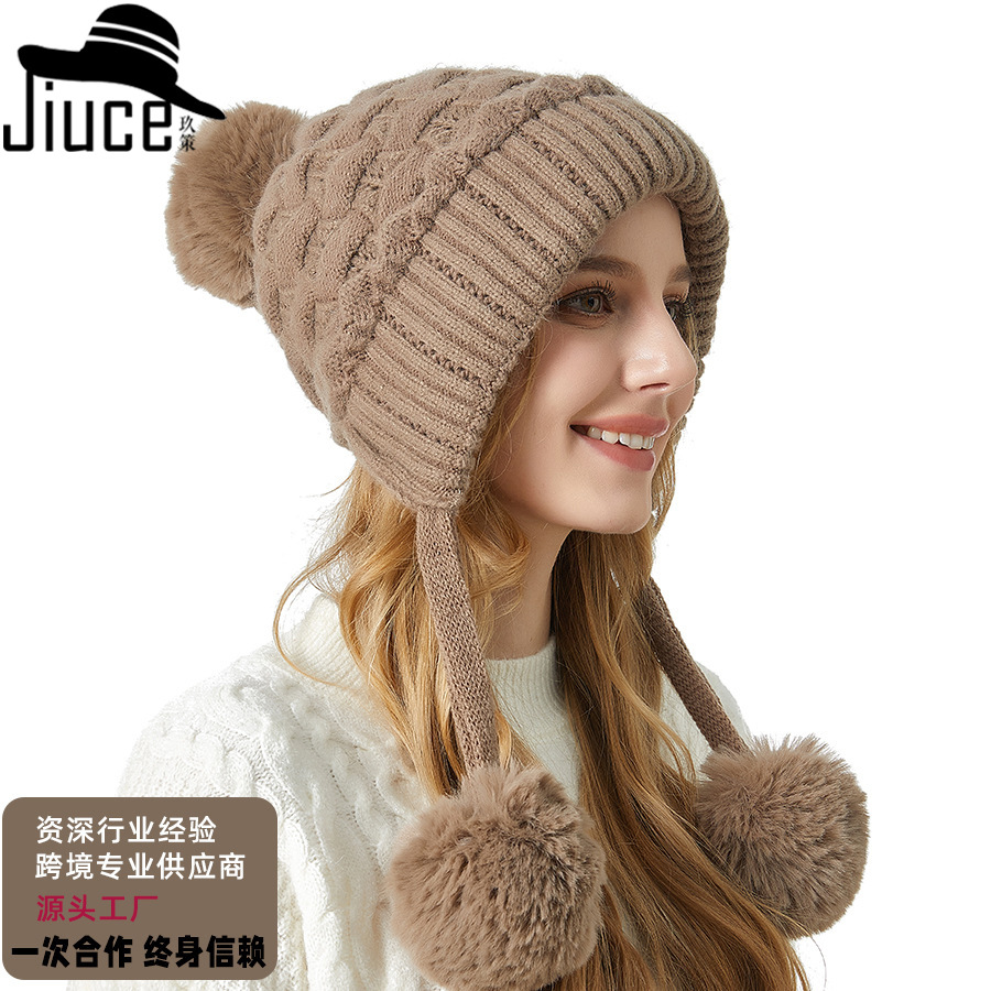 好品质格纹三毛球加厚兔毛帽子女冬季加绒户外保暖毛球针织帽工厂
