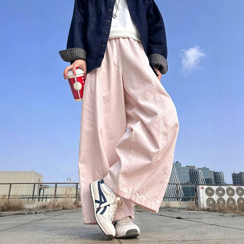 Pink curved wide-leg pants for women, summer thin style, Japanese style, petite, loose, slimming, straight, cropped casual cargo pants Pink curved wide-leg pants for women, summer thin style, Japanese style, petite, loose, slimming, straight, cropped casual cargo pants