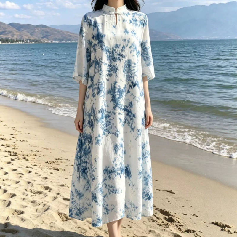 Dali Lijiang Handmade Tie-Dye Hanging-Dye Blue-Dye Summer Loose Version Plus-Size Dress Artistic Cheongsam Dress New Chinese Style Dali Lijiang Handmade Tie-Dye Hanging-Dye Blue-Dye Summer Loose Version Plus-Size Dress Artistic Cheongsam Dress New Chinese Style