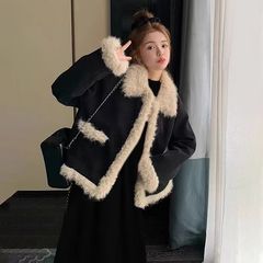 大码胖mm女秋冬黑色小香风羊羔毛绒拼接黑色外套连衣裙套装200斤