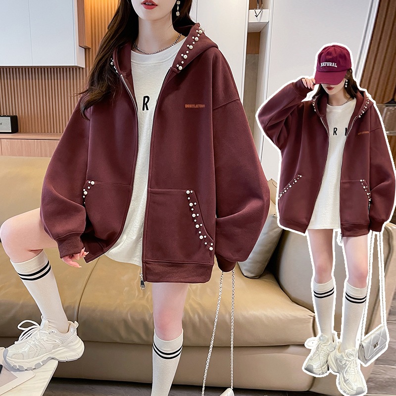 2026 New Heavyweight Pearl Beaded Cardigan Jacket with Letter Embroidery, Trendy Casual Hooded Sweatshirt