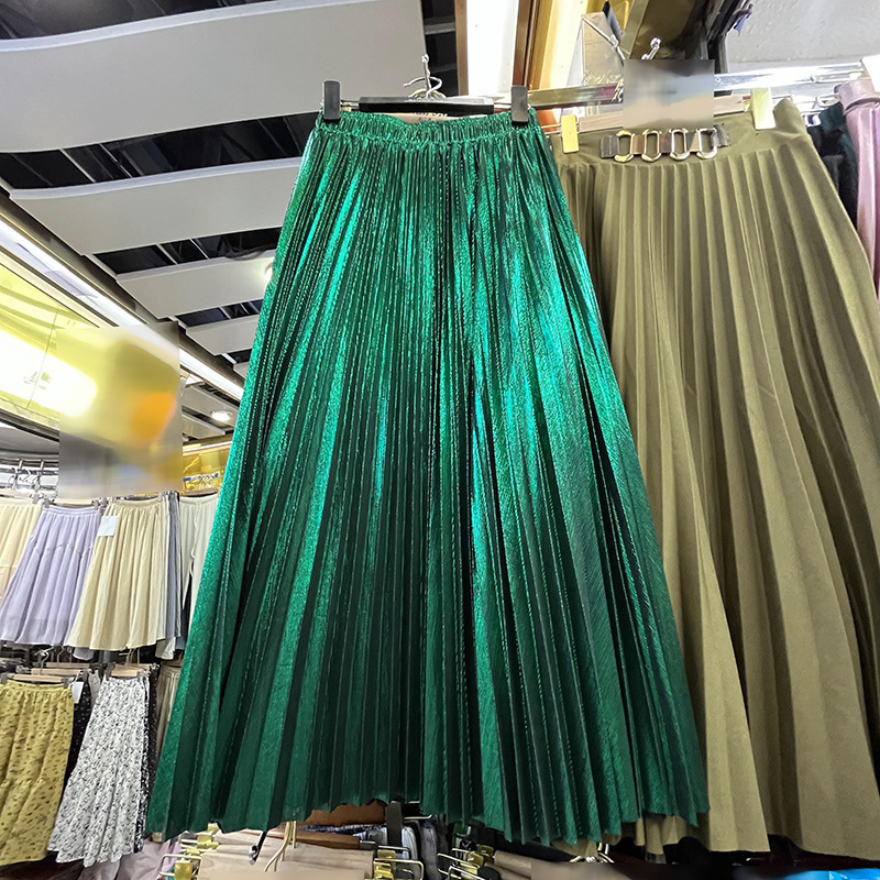 2023 autumn new high-end metallic bright silk shiny pleated skirt high waist A- line large swing midi skirt for women