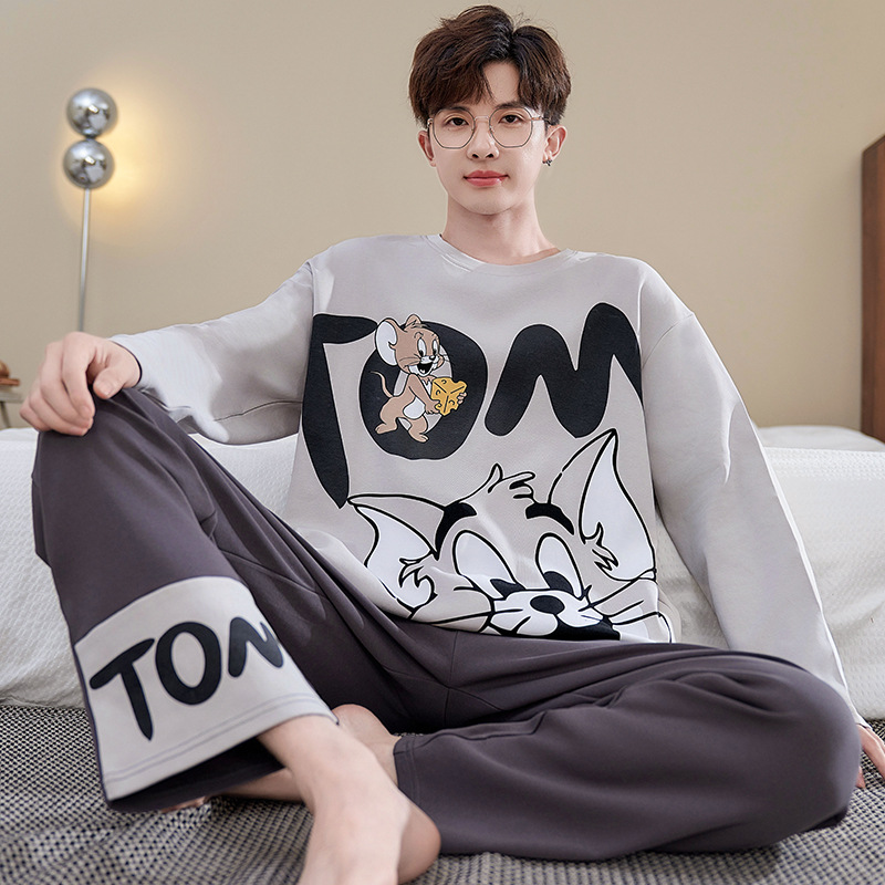 Pajamas Men's Spring & Fall Pure Cotton Thin Men's Long-Sleeved Four-Season Universal Home Clothes for Older Children, Teenagers and Junior High School Students
