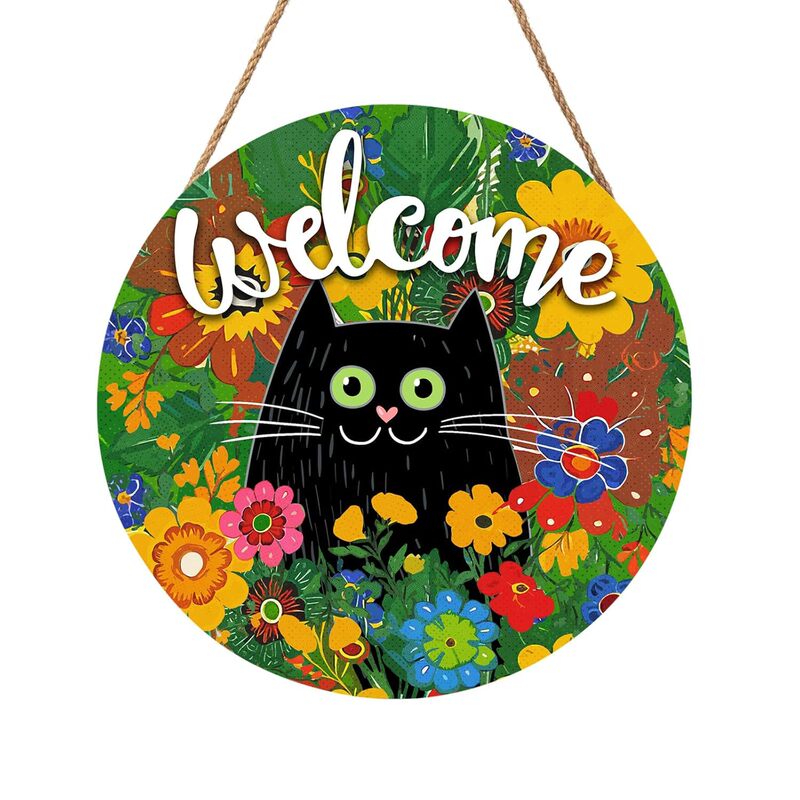 Hot-Selling Home Decor Crafts Hanging Ornaments Farmhouse Front Door Welcome Flowers Black Cat Wooden Round Door Sign Wooden