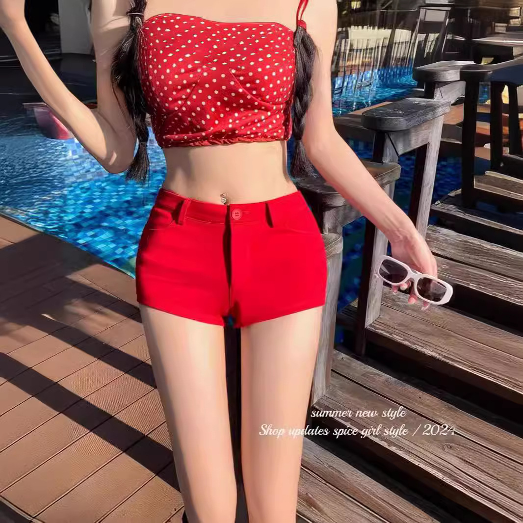 [셀프 세트 공장 오리지널 패브릭] 캐주얼 반바지 핫 여자 슬림 스트레이트 팬츠 슬림 로우 웨이스트 A 자형 핫팬츠