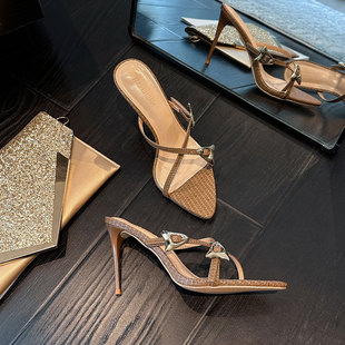 2025 New Summer Style Pointed Toe Sandals with Metal Buckle Stiletto Heels French Style Outer Wear Elegant High Heel Slippers