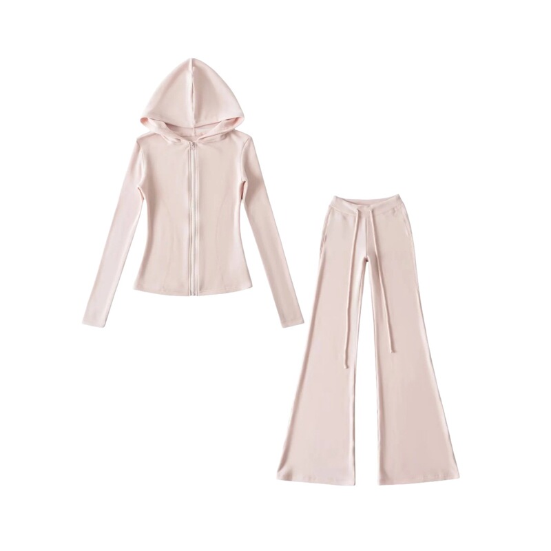 American-Style Hooded Zip-Up Long-Sleeve Fleece Cardigan Jacket for Women with Low-Waist Drawstring Yoga Ulaab Long Pants Set