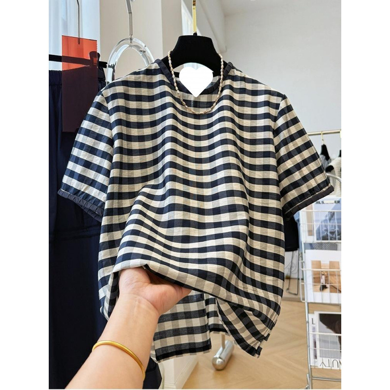 韓国のレトロなコントラストカラーチェック柄のユニークで美しい気質の女性用シャツ、夏の薄いラウンドネックシャツ、見栄えの良いトップス|undefined