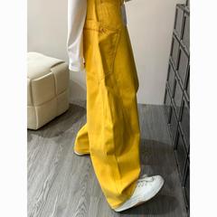 大码胖mm黄色阔腿弯刀工装牛仔裤女春季宽松垂感镰刀香蕉萝卜裤子