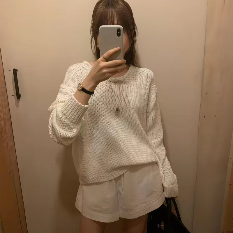Fan Sun·Xh 2026 Summer New Korean Dongdaemun Ou*Ce Loose Solid Color Round Neck Pullover Knit Sweater Top Fan Sun·Xh 2026 Summer New Korean Dongdaemun Ou*Ce Loose Solid Color Round Neck Pullover Knit Sweater Top