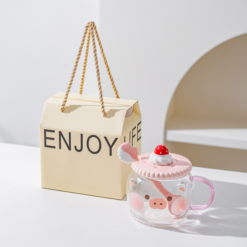 Creativo lindo alto borosilicato vidrio taza rosa corazón de la chica regalar taza de agua con cuchara de cerdo taza de gato