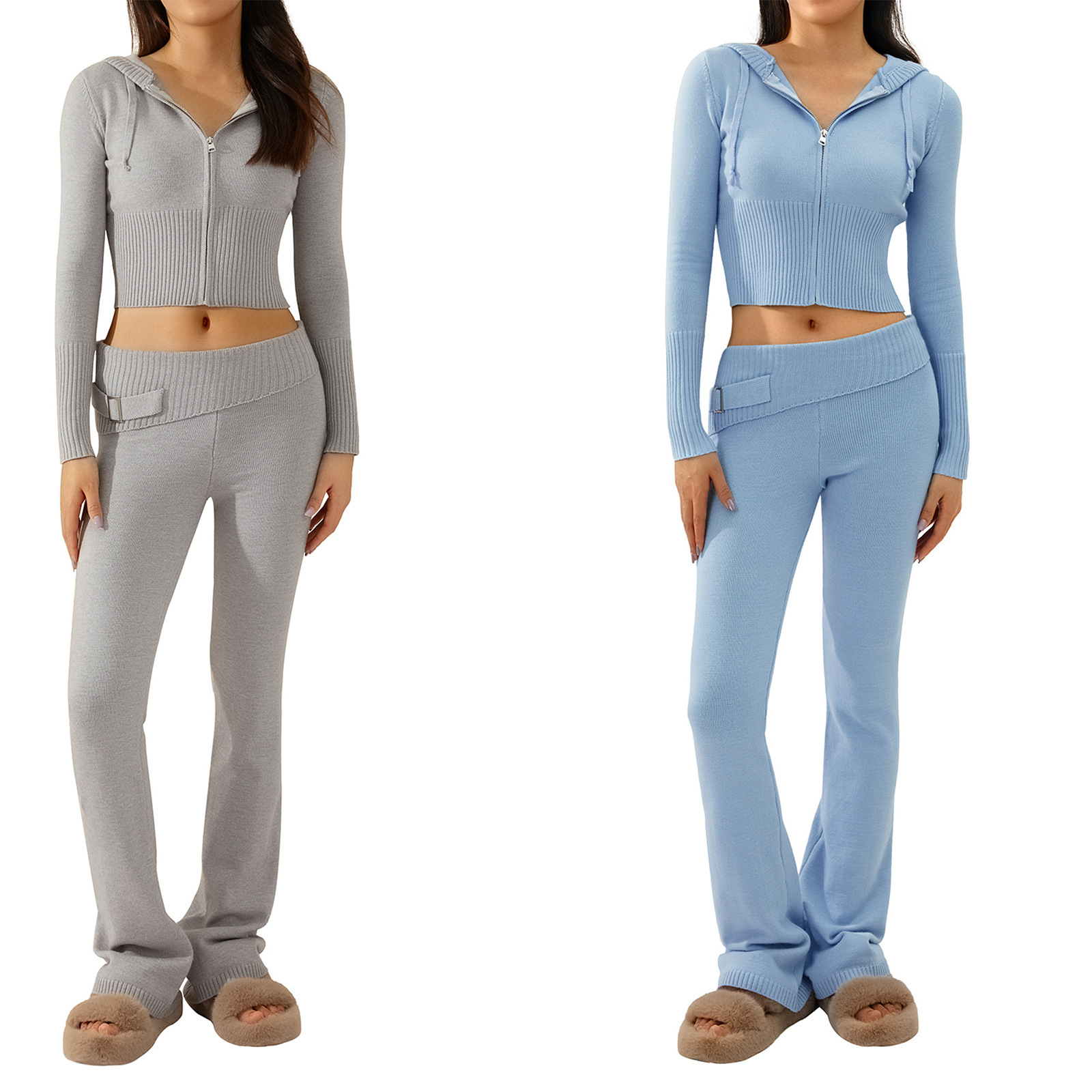 Women's Knitted Hooded Suit Women's Fashion Sexy High Waist Long Sleeve Pants Two Piece Set_voghion.com