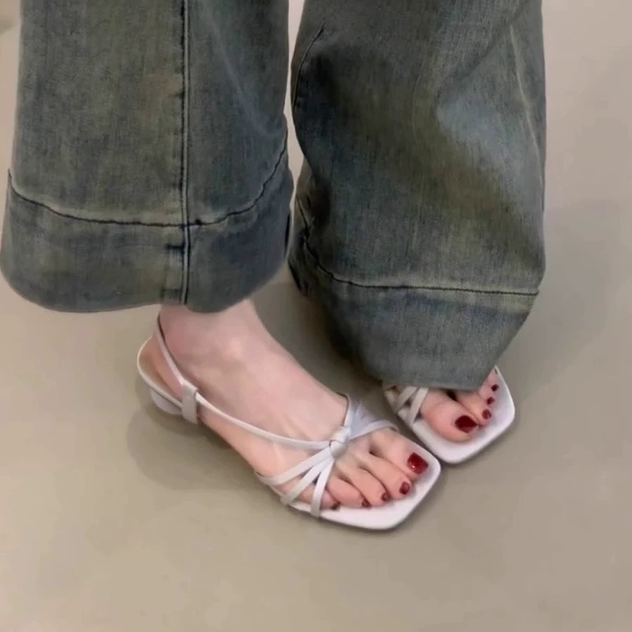 Sheepskin version ~ French gentle woven one-length strap fairy thick heel sandals open toe square toe temperament Roman sandals for women