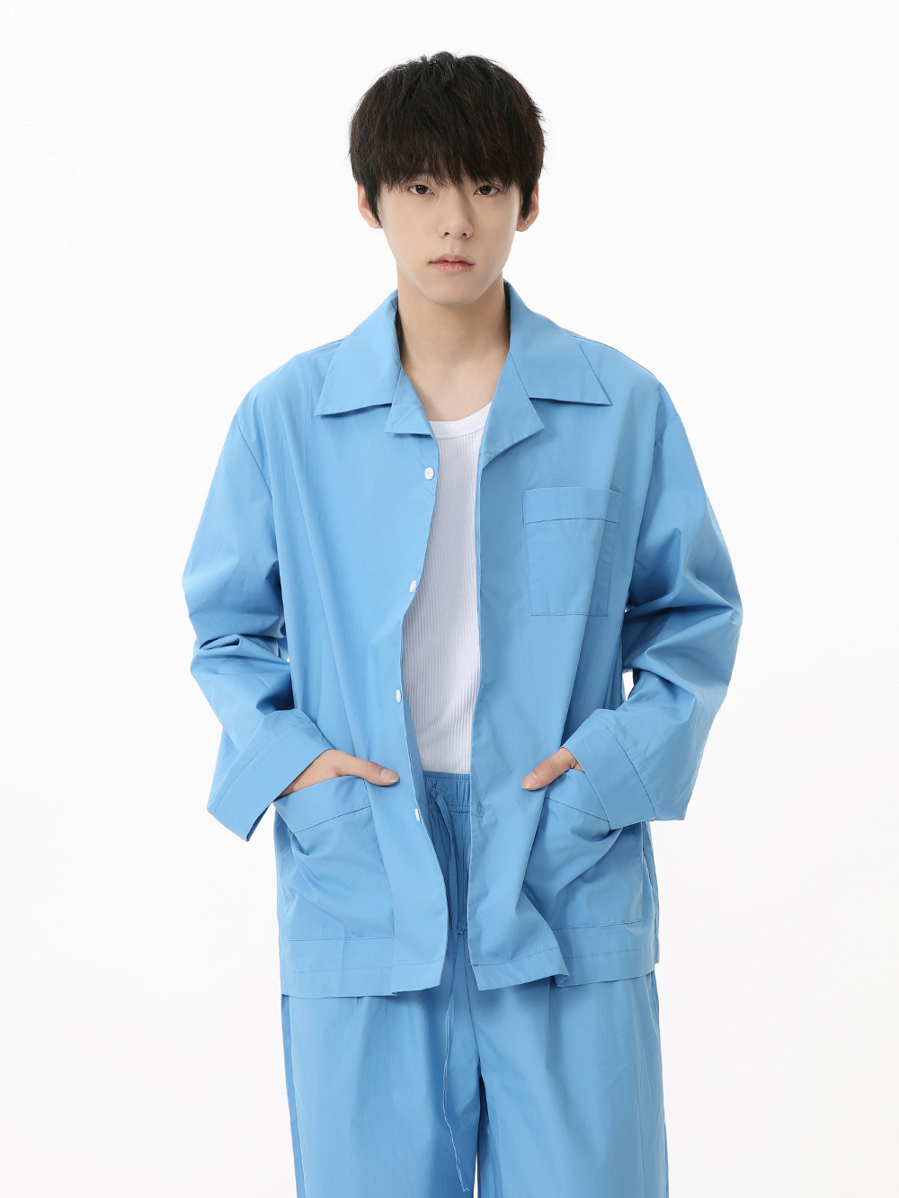 MTLCLOTHES Hombres| 2024 otoño nuevos productos de algodón puro coreano de color puro de bolsillo perezoso conjunto de camisa de solapa