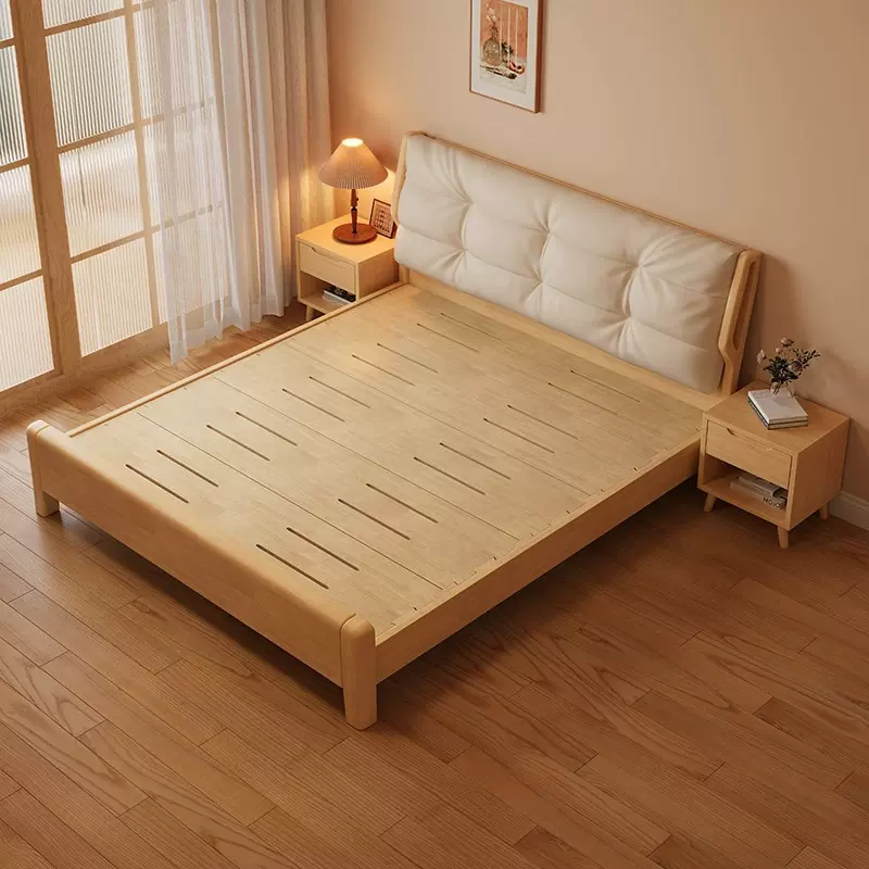 原木奶油风实木床 北欧1米8双人软包床1.2米单人床榫卯结构静音床