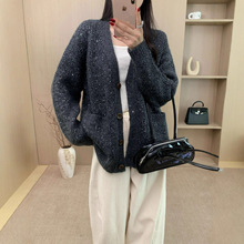 宽松慵懒V领针织羊毛马海毛开衫外套女新款加厚珠片纱中长款毛衣