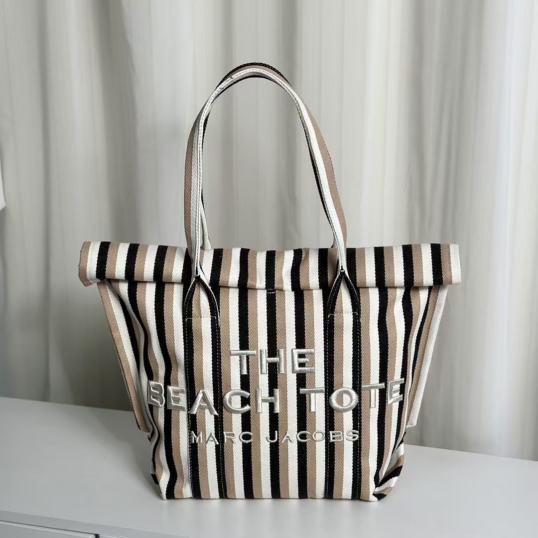 MJ欧美新款条纹帆布托特包女沙滩包大容量单肩包时尚百搭通勤女包