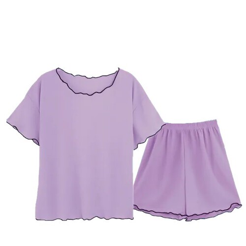 Summer women's thin ice-silk pajama set with ruffled edges, featuring a simple, loose-fitting design available in plus sizes—perfect for cozy home wear.