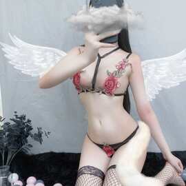 漫夜情玫瑰刺绣情趣内衣套装女三点式蕾丝透明网纱性感睡衣两件套