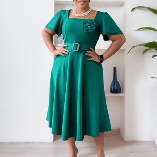 D568 Foreign Trade Women's Cross-border 2025 Summer Women's New Fashion Square Collar Solid Color High Waist Large Skirt African dress