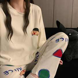ins日系蜡笔小新情侣春秋季睡衣女圆领长袖卡通家居服套装亚马逊
