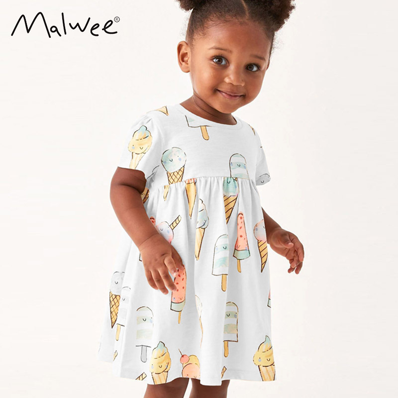 En stock malwee niñas vestido de verano nuevo cuello redondo impreso casual falda los niños europeos y americanos