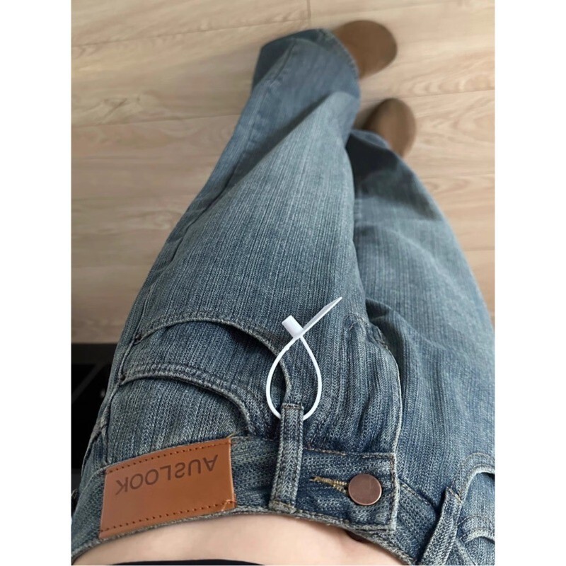 Slub Pattern Retro Wide-Leg Jeans Women's Fashionable All-Match Korean Style Design Sense Slim-Fit Leather Label Straight-Leg Long Pants