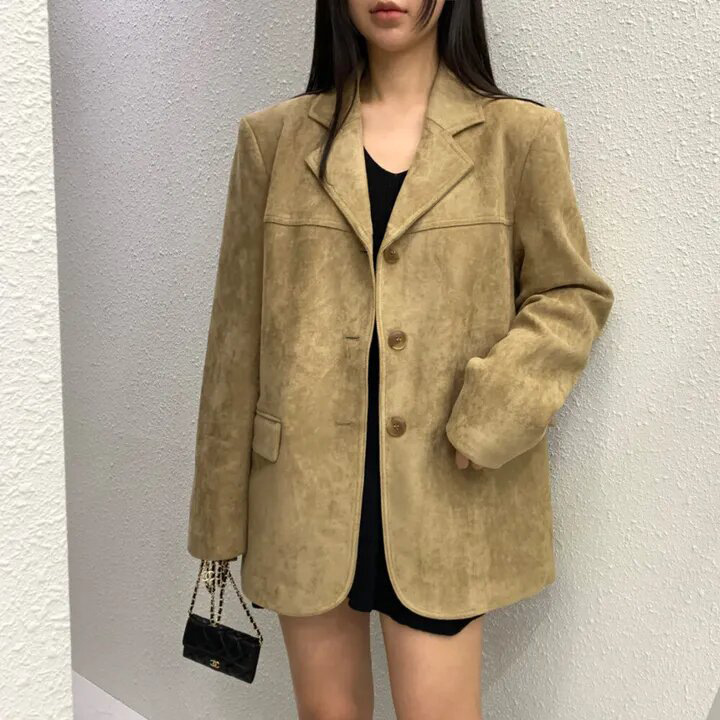 chic韩国秋冬美式复古咖色鹿皮绒西装外套美拉德长袖西服女|undefined