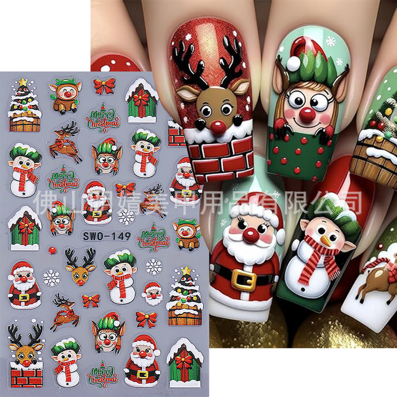 Cross-Border New Christmas Series Nail Art Stickers Ins Christmas Funny Cartoon Santa Claus Elk Nail Stickers
