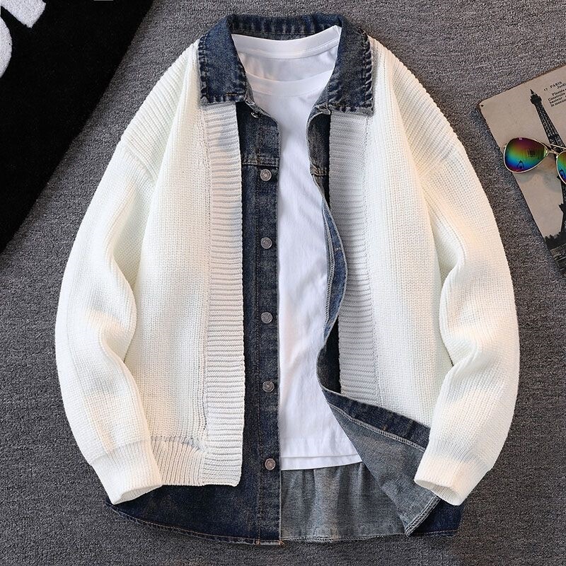 New Autumn and Winter Shirt Collar Faux Two-Piece Fashion Trendy Warm Cardigan Loose Collar Sweater Top Men's Jacket New Autumn and Winter Shirt Collar Faux Two-Piece Fashion Trendy Warm Cardigan Loose Collar Sweater Top Men's Jacket