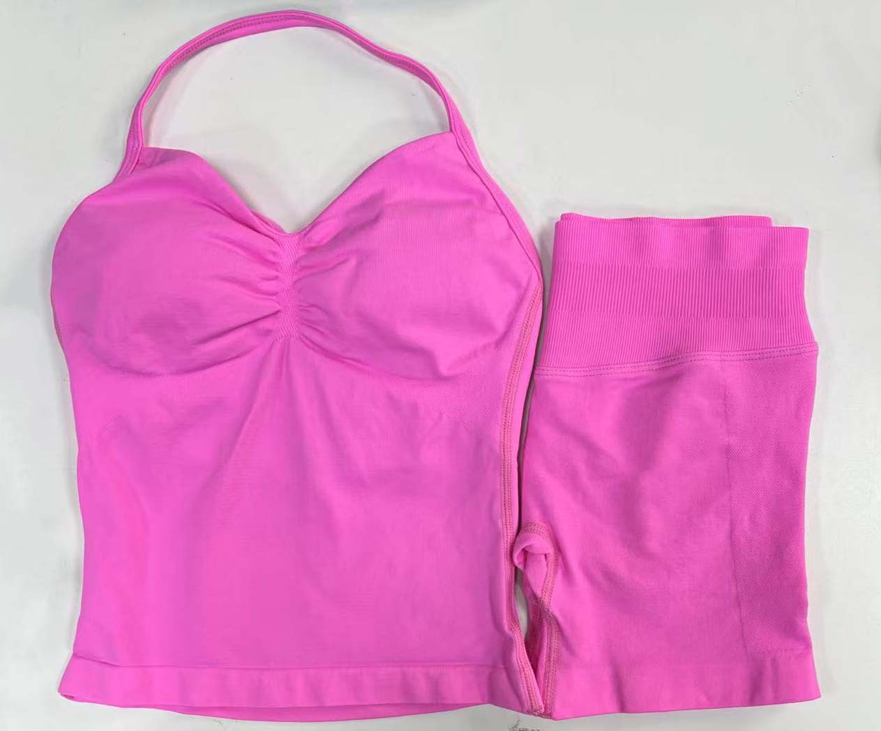 Conjunto DF Amazon pantalones cortos explosivos sujetador pequeño alto elástico superfino nailon halter cuello hermoso chaleco deportivo trasero