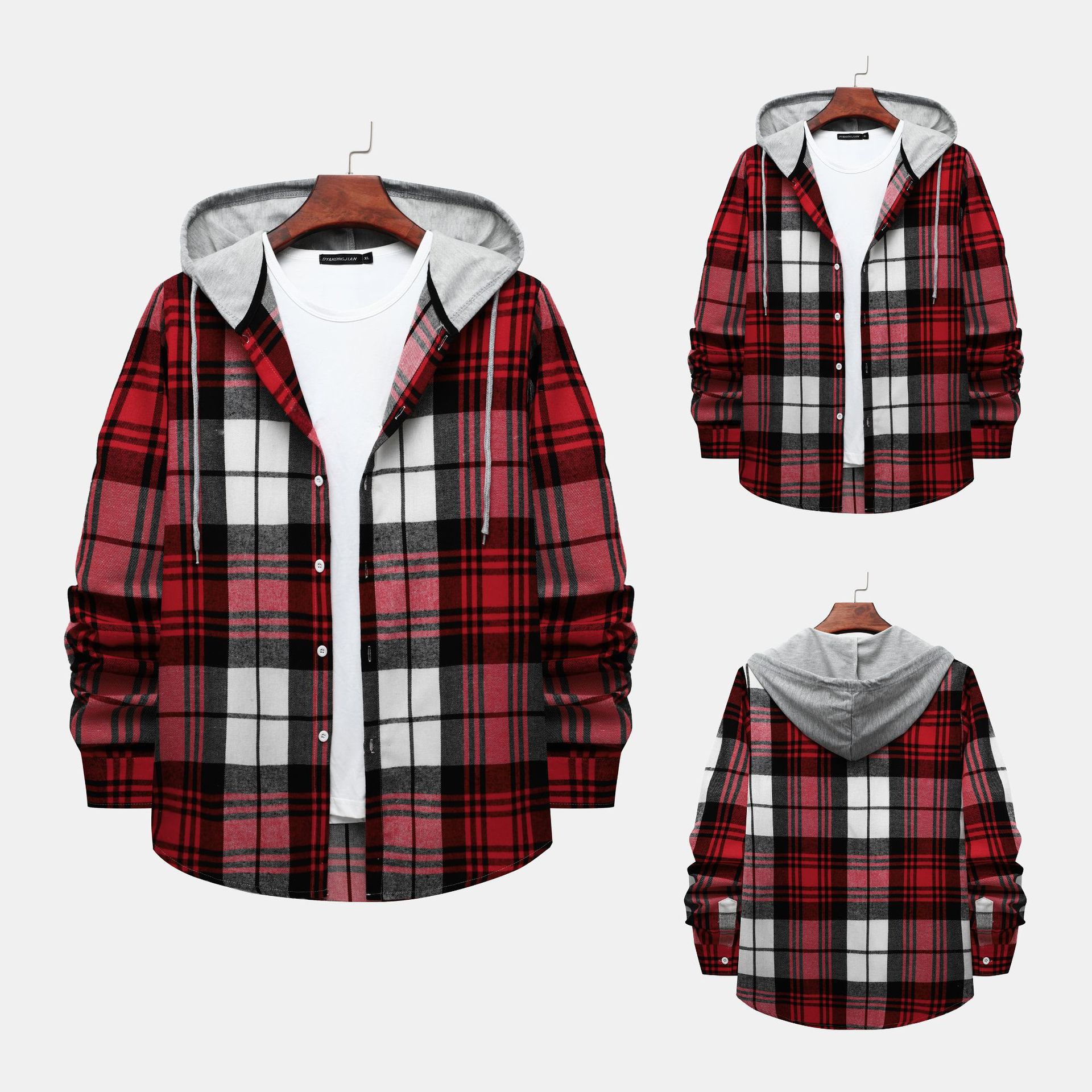 Camisa a cuadros con capucha transfronteriza para hombres 2023 Comercio exterior otoño Harajuku estilo camisa a cuadros con capucha para hombres camisa casual estilo Hong Kong
