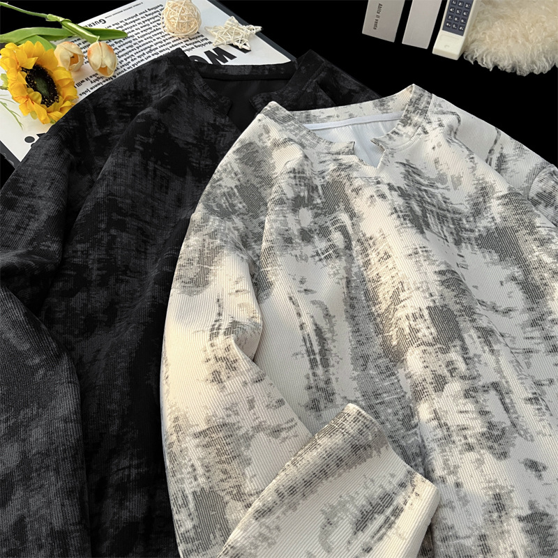 Corduroy Tie-dye V-neck Long-sleeve Men's T-shirt, Autumn Niche Design, Base Layer Shirt, American Retro Top_voghion.com