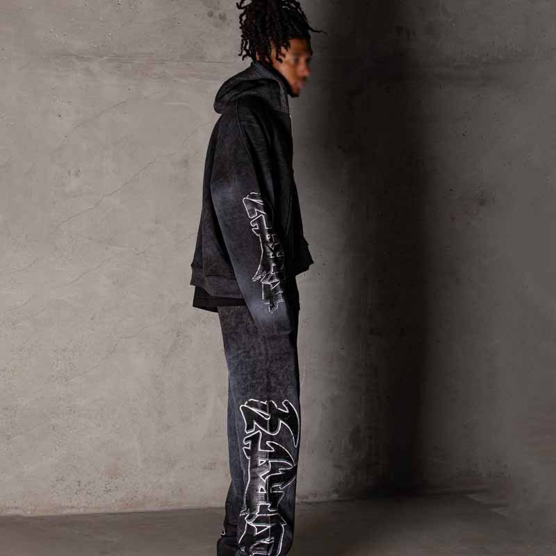 Moška oblačila Ulični trend Distressed Flame potiskan pulover s kapuco Retro pulover s kapuco Hlačne obleke Moška_voghion.com