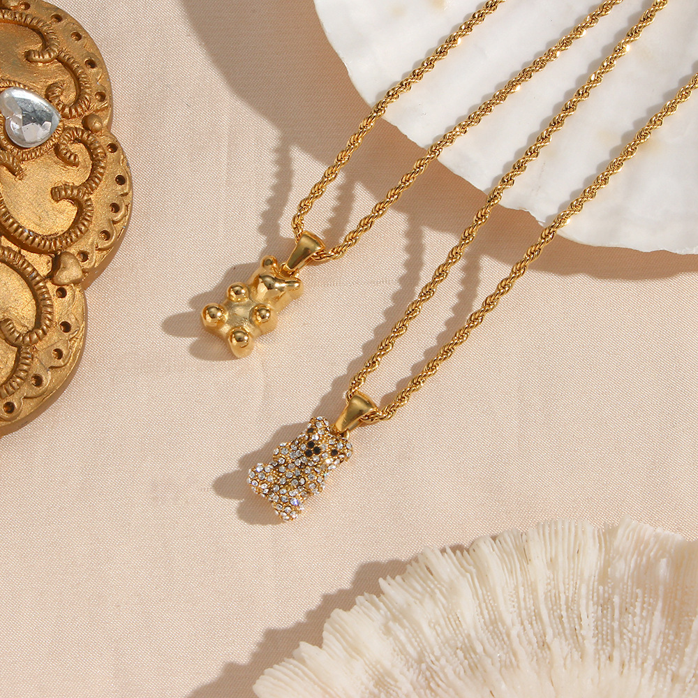 Fashion Cool Animal Female Plated 18K Gold Twist Bear Pendant Stainless Steel Necklace