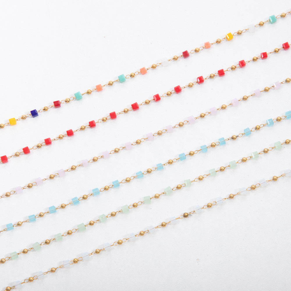 Small Square Stainless Steel Necklace Vacuum Plating Jewelry Crystal Sugar Round Bead Jewelry Dopamine Color Matching Fashion Women