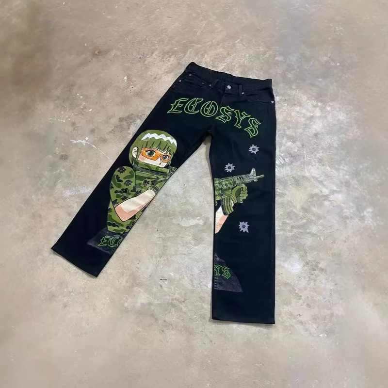 Hip-Hop Animated Graphic Loose-Fitting Jeans with Gun Girl Print, Harajuku Denim Y2K Pants for Men
