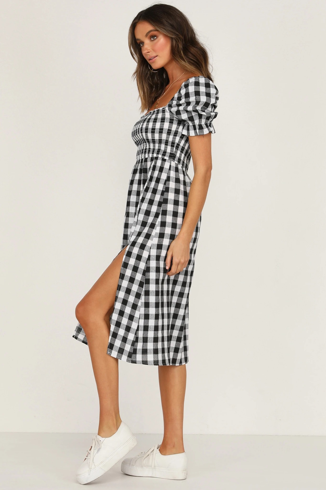 new sexy square collar plaid short sleeve side slit dress  NSYD36511