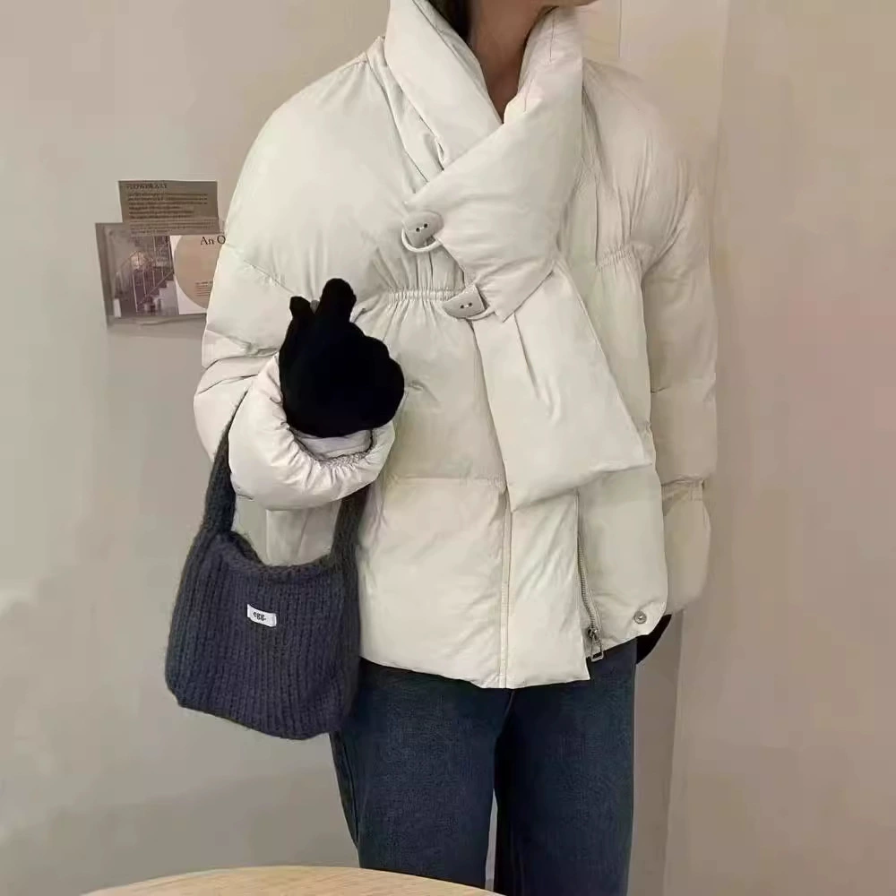 Новый пуховик с круглым вырезом зимой 2024 года свободный маленький короткий белый утиный бархатный хлебный костюм теплая куртка