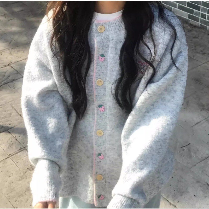 学院风针织开衫女秋冬季新款趣味纽扣慵懒风软糯毛衣外套宽松上衣|undefined