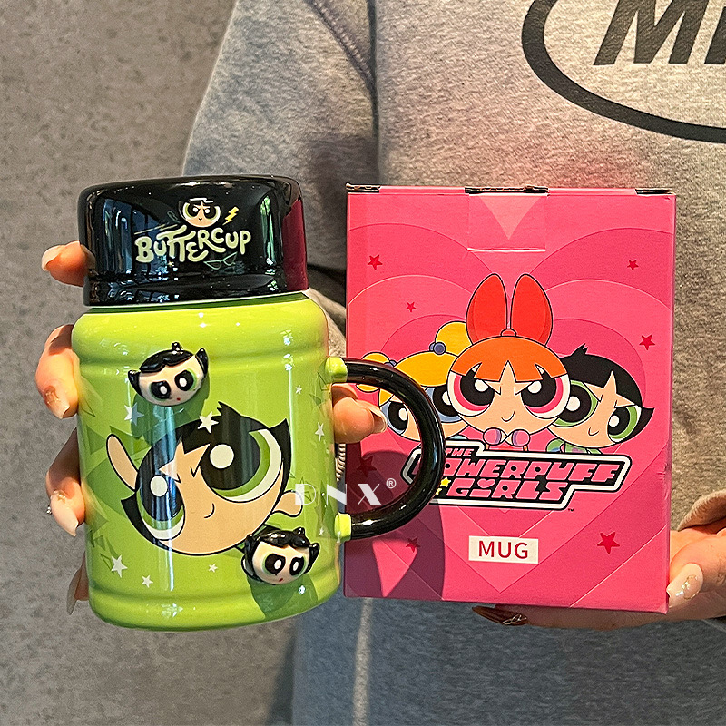 Powerpuff Girls Water Cup Couple Ceramic Mug with Cover Home Drinking Cup Female Office Birthday Gift